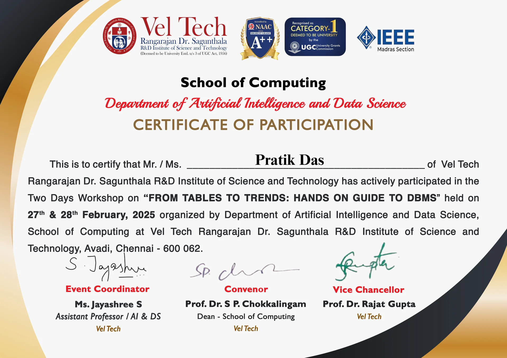 DBMS Workshop Certificate